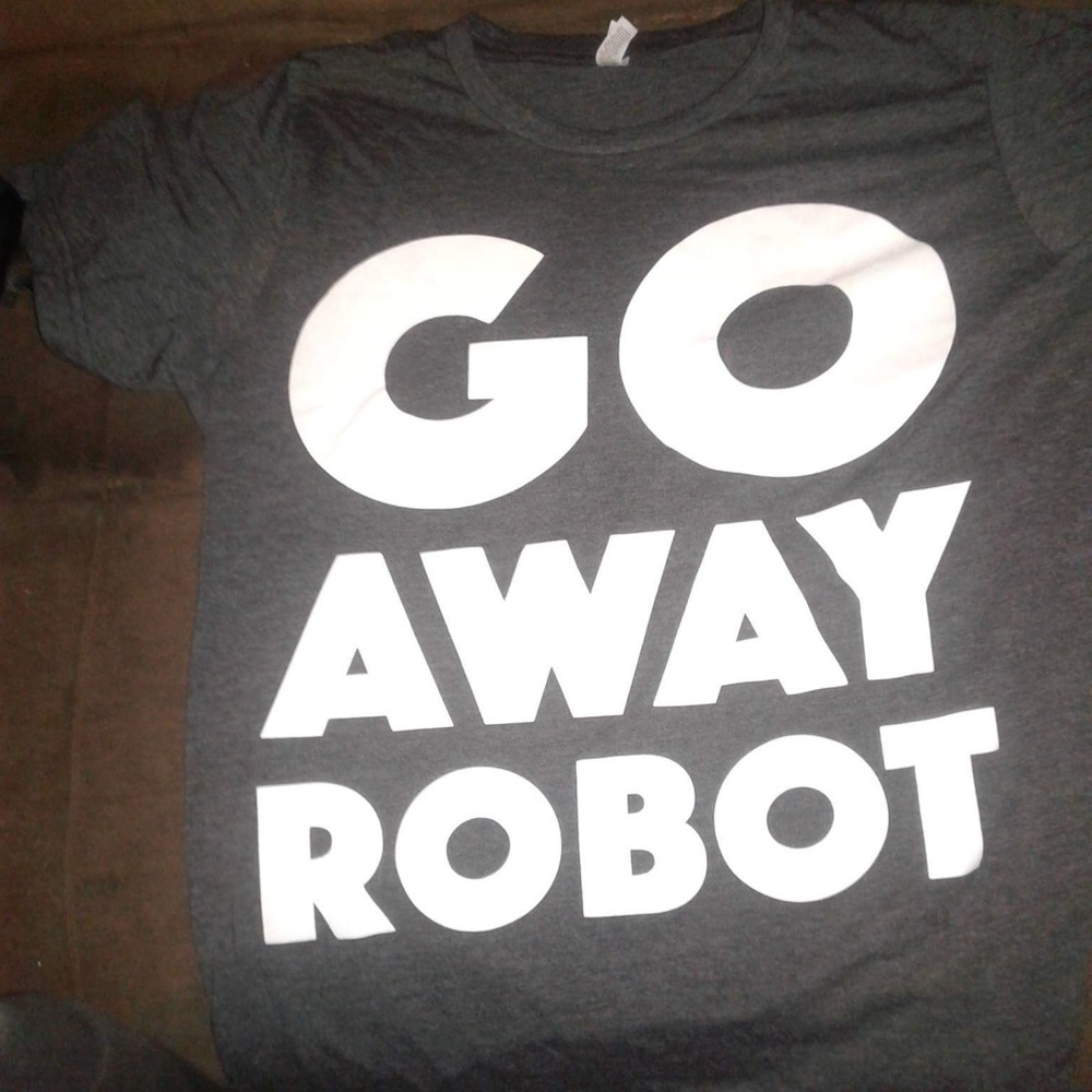 Gray "go away robot" t-shirt